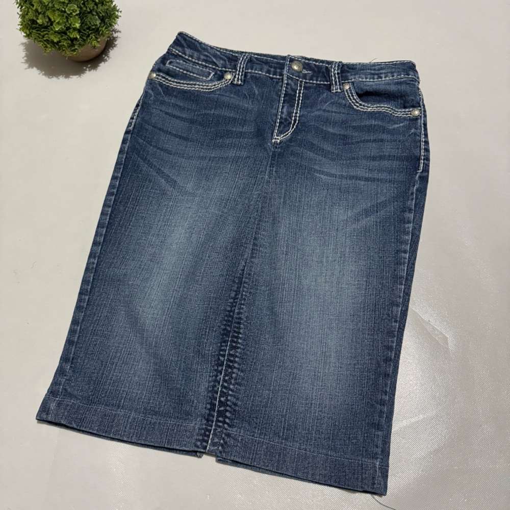 Long Modest Bejeweled‎ Rhinestone Denim Jean Pencil Skirt Women’s Size 6